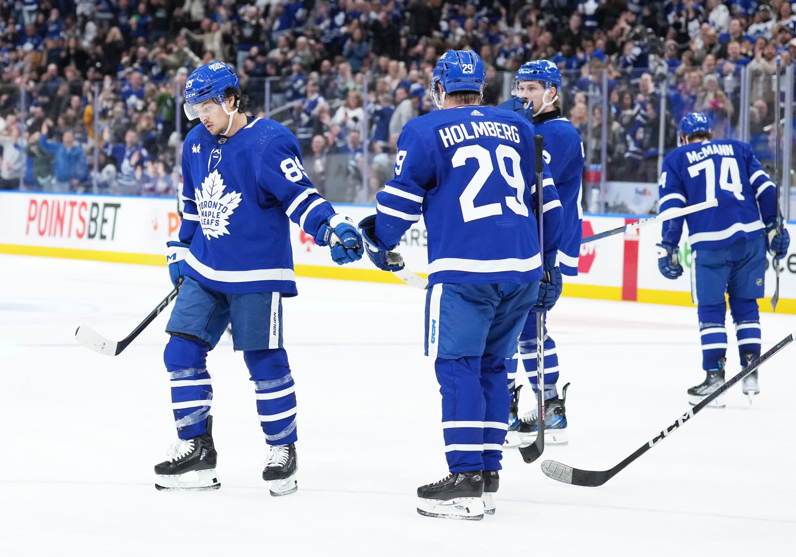 Nick Robertson, Pontus Holmberg, Simon Benoit and Bobby McMann from the Toronto Maple Leafs.