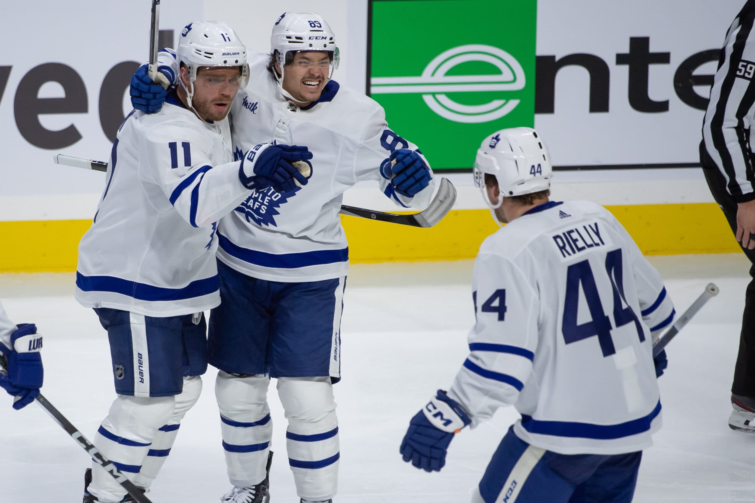 Max Domi, Morgan Rielly and Nick Robertson of the Maple Leafs.